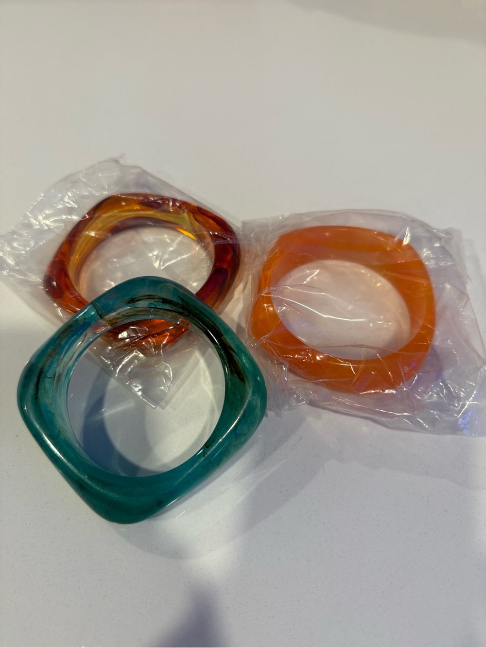 Set of Three Square Acrylic Bracelets - Teal, Amber, Orange